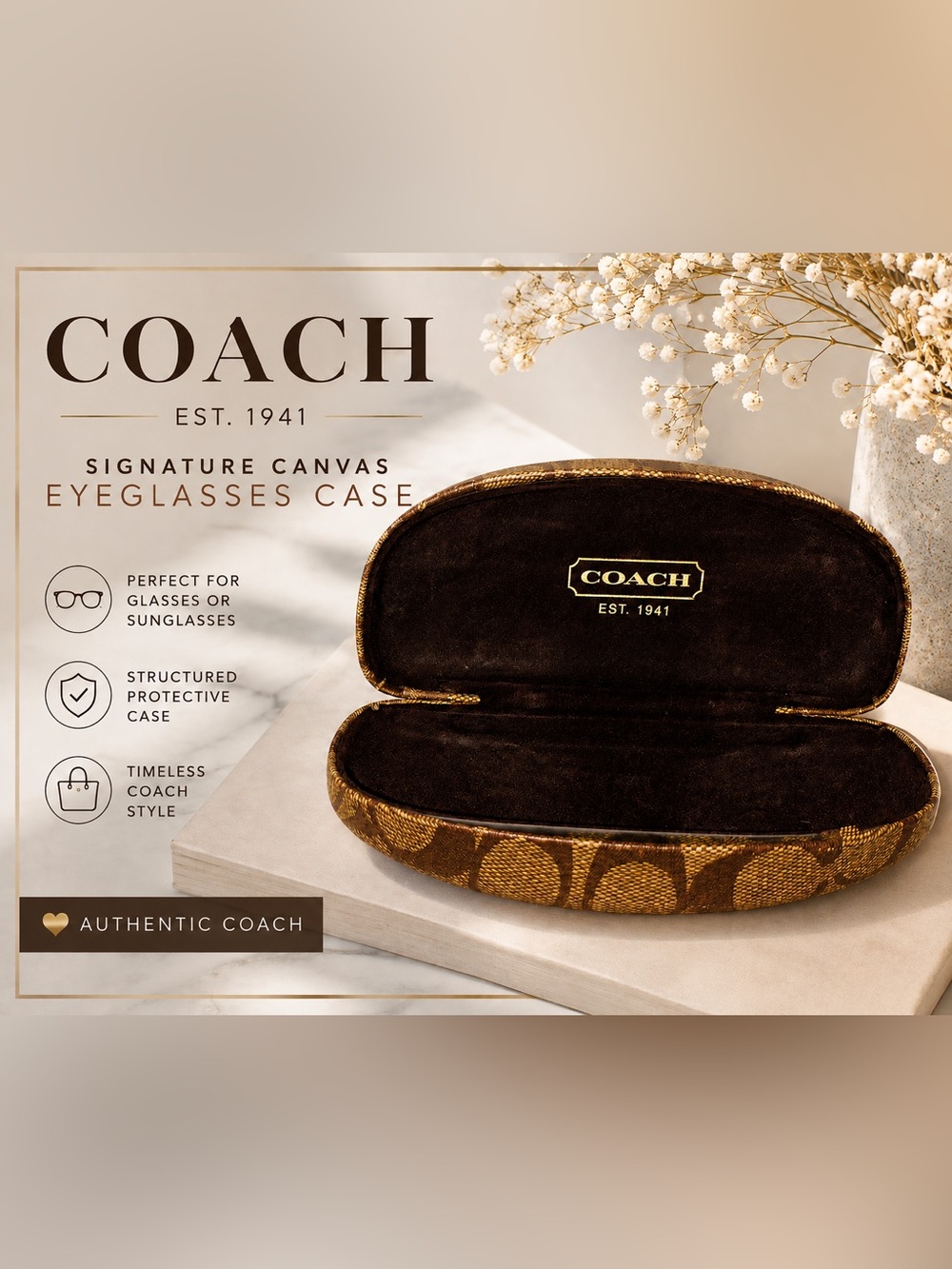 Coach Brown Signature Canvas Eyeglasses Case with Gold Logo